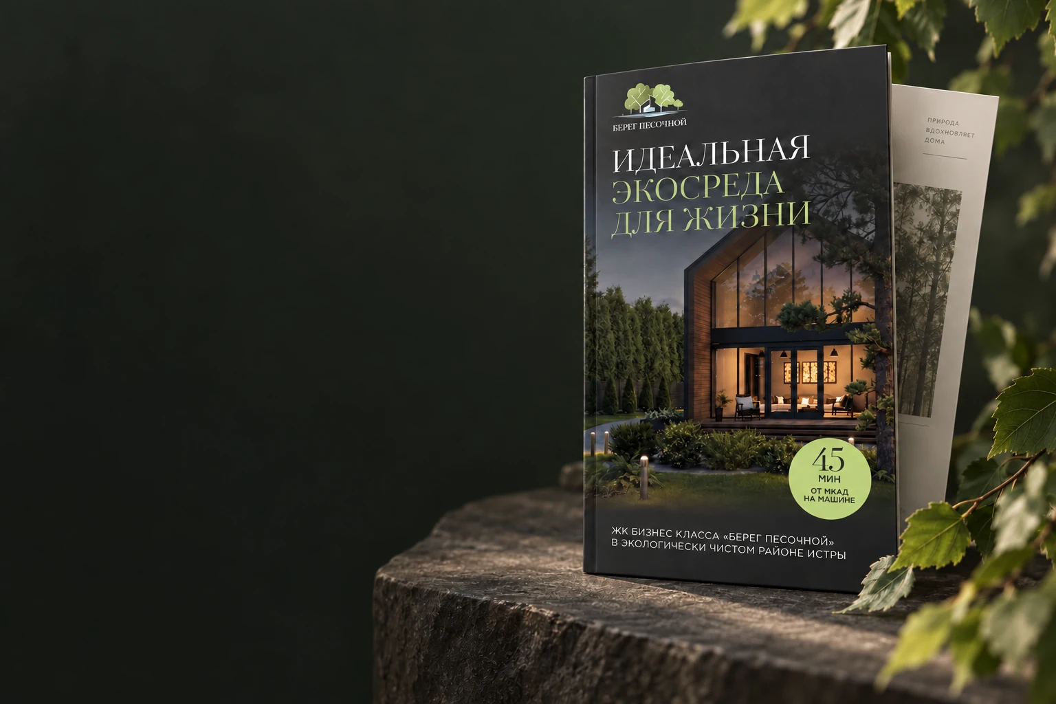 Презентация ЖК Берег Песочной на каменном постаменте среди зелени